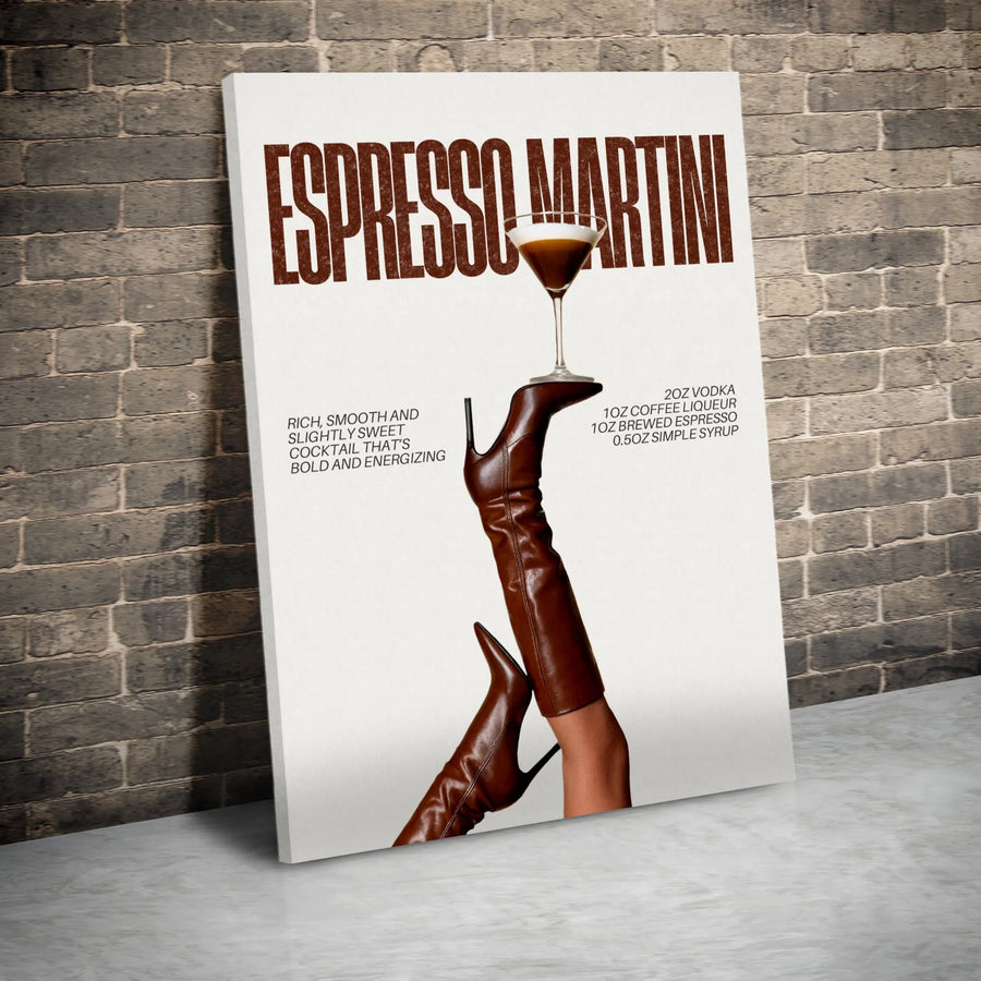 Espresso Martini Recipe Wall Art | Chic Fashion High Heel Canvas | Premium Bar Cart Decor | Aesthetic Kitchen & Cocktail Lover Gift