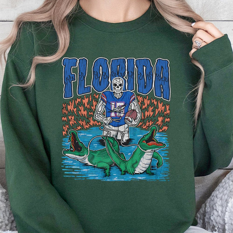 Florida Football Skeleton Sweatshirt | Retro Graphic Alligator Design | Cotton-Poly Premium Blend | Gift For College Sports Fans