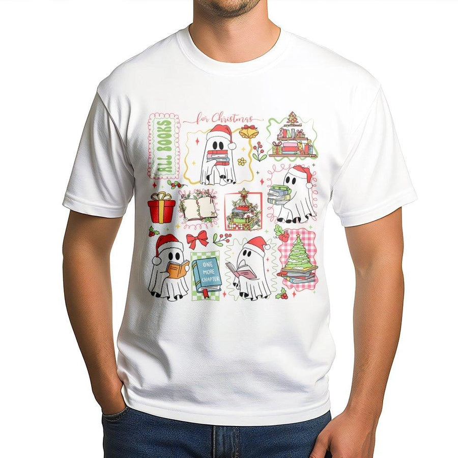 Book Lover Christmas T-Shirt | Cute Reading Ghost Graphic | Premium Cotton Unisex Tee | Funny Holiday Gift for Librarian Reader