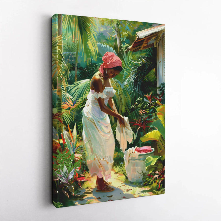 Black Woman Art Canvas | Tropical Garden Laundry Scene | Premium Gallery-Wrapped Print | Cultural Wall Decor for Home Office