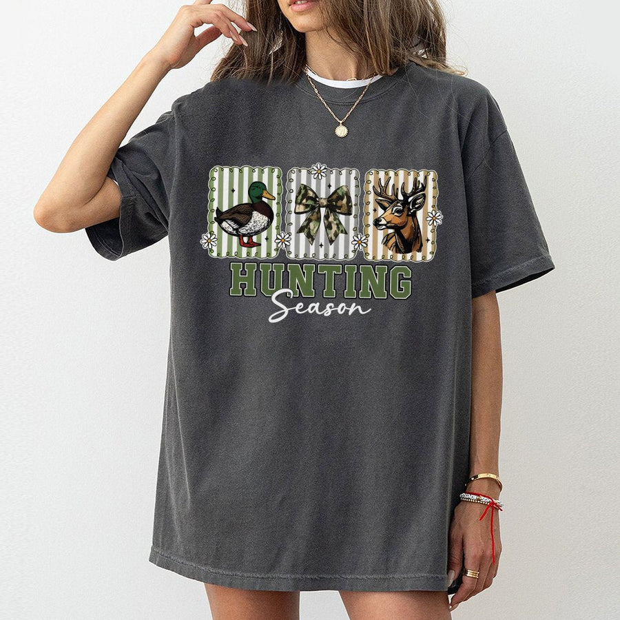 Hunting Season T-Shirt | Preppy Camo Bow Deer and Duck Graphic | Premium 100% Cotton Tee | Trendy Wildlife Nature Gift for Women and Girls
