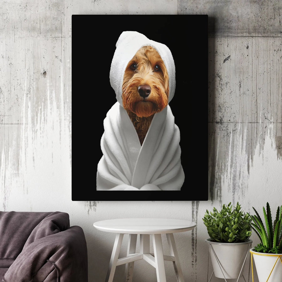 Goldendoodle Dog In Bathrobe Canvas | Funny Animal Bathroom Wall Art | Premium Gallery-Wrapped Portrait | Unique Gift for Dog Lovers