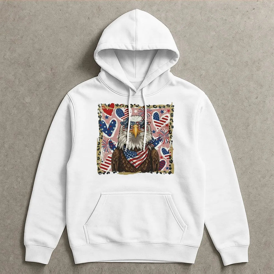 Patriotic Eagle Hoodie | American Flag Graphic with Sunglasses | Premium Soft Cotton Blend Sweatshirt | Unisex 4th of July Gift