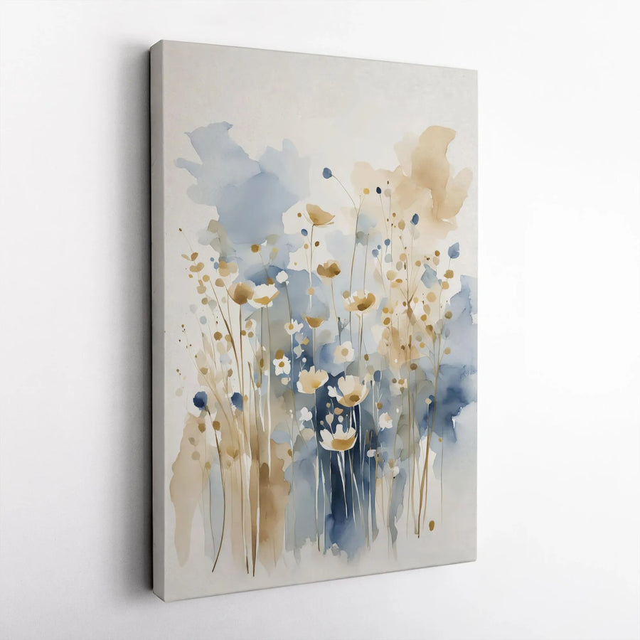 Abstract Watercolor Wildflower Canvas Wall Art | Neutral Blue and Beige Floral Botanical Print | Premium Gallery-Wrapped Decor | Modern Home Office Gift