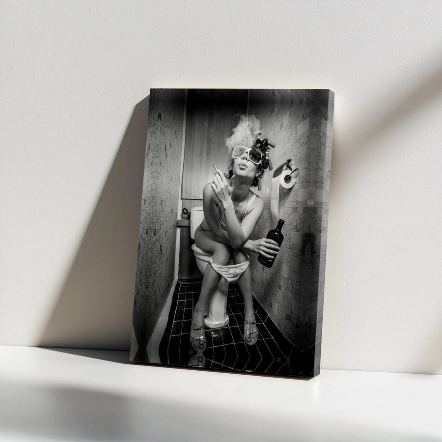 Funny Bathroom Wall Art | Smoking Woman in Hair Curlers Print | Premium Gallery Wrapped Canvas | Edgy Home Decor Gift for Man Cave