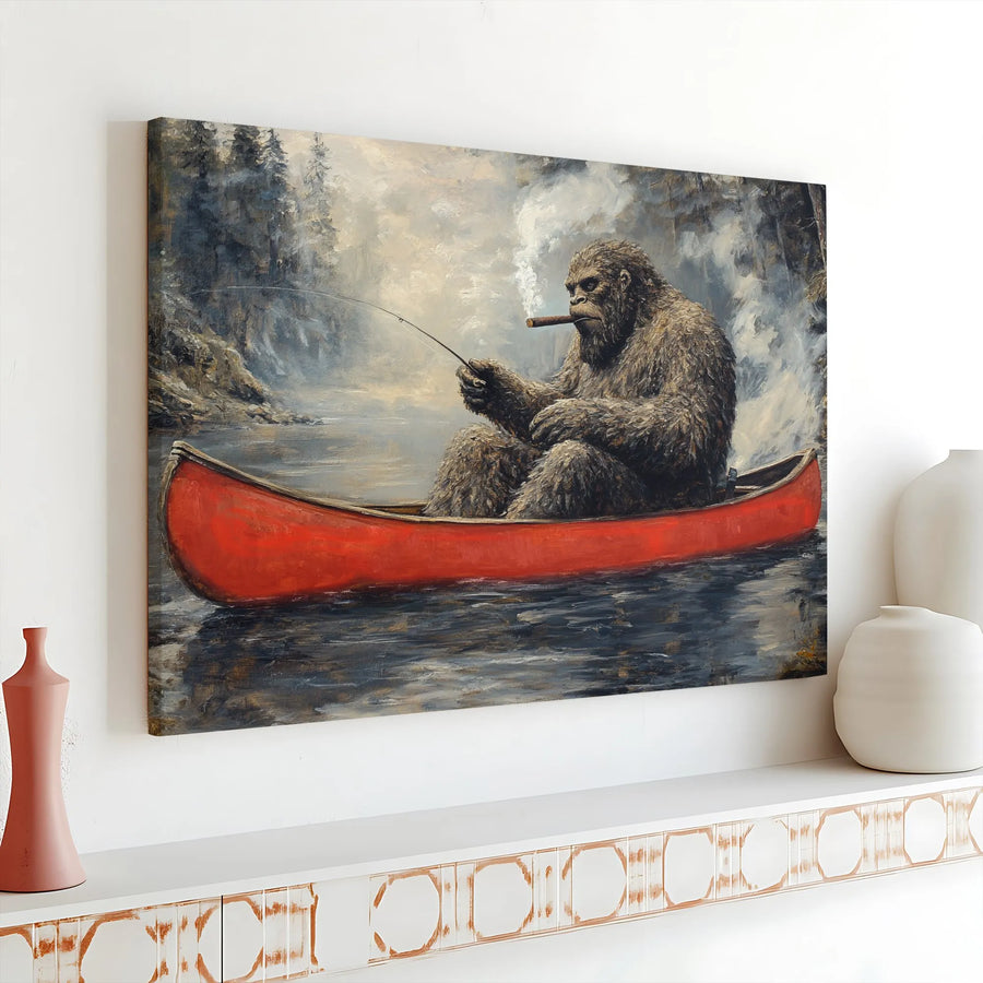Bigfoot Fishing in Red Canoe Canvas Wall Art | Funny Smoking Sasquatch Painting | Premium Gallery Wrap Decor | Unique Gift for Outdoorsmen