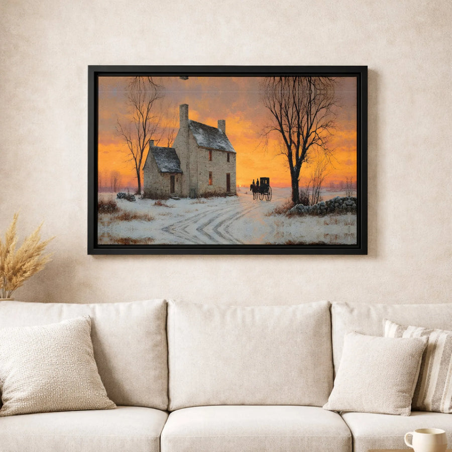 Winter Landscape Canvas Wall Art | Stone Cottage Horse Carriage Print | Premium Fade-Resistant Gallery Wrap | Seasonal Holiday Home Decor
