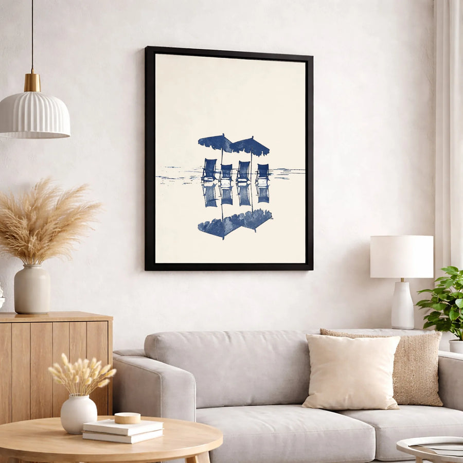 Coastal Beach Art Canvas | Blue Umbrella and Chair Reflection | Gallery Wrapped Premium Wall Decor | Relaxing Seascape Print for Home Office