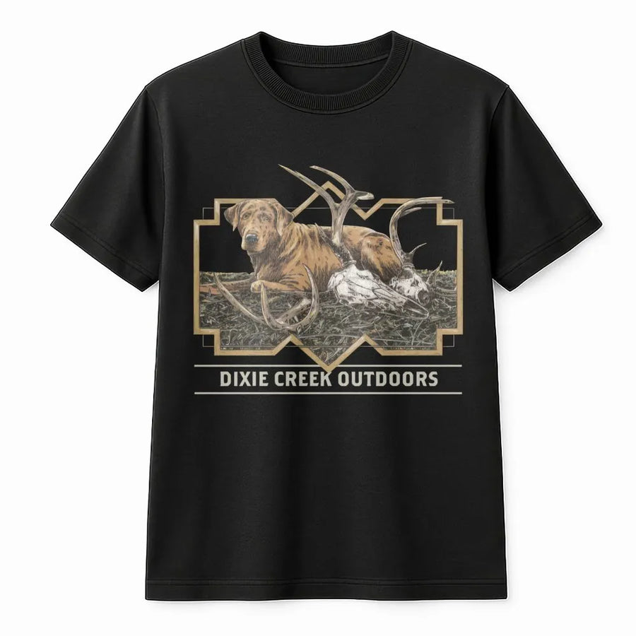 Hunting Dog T-Shirt | Rustic Labrador Deer Antlers Graphic | Premium Cotton Wildlife Apparel | Gift for Hunter and Outdoorsman