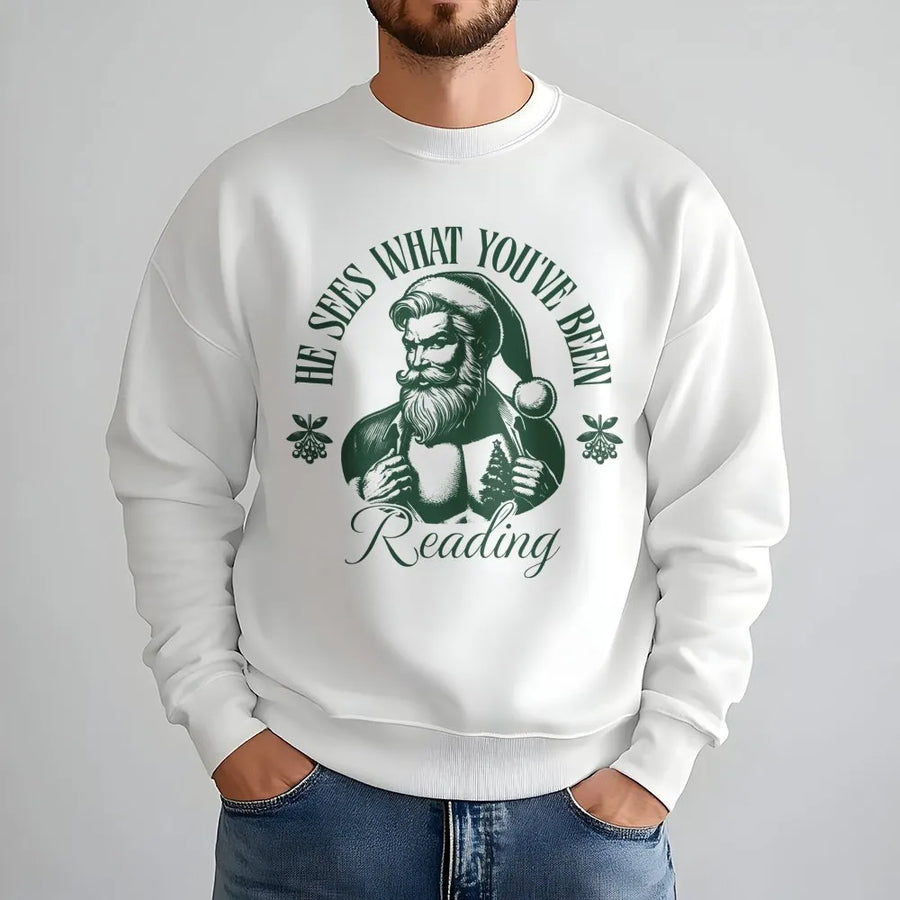 He Sees What You've Been Reading Sweatshirt | Funny Santa Book Lover Graphic | Cozy Cotton Blend Apparel | Christmas Gift For Readers And Librarians