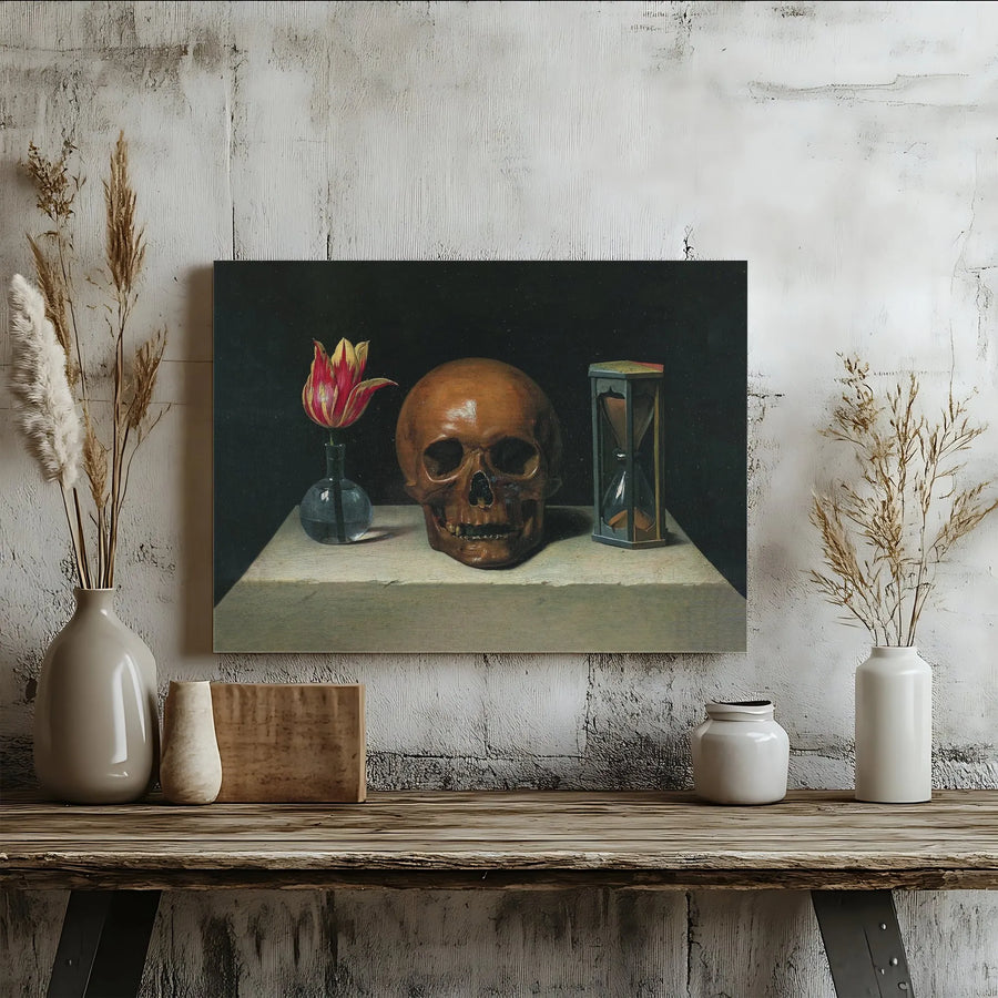 Vanitas Skull Still Life Canvas Art | Memento Mori Painting with Hourglass | Premium Matte Canvas Print | Collector's Dark Academia Gothic Decor