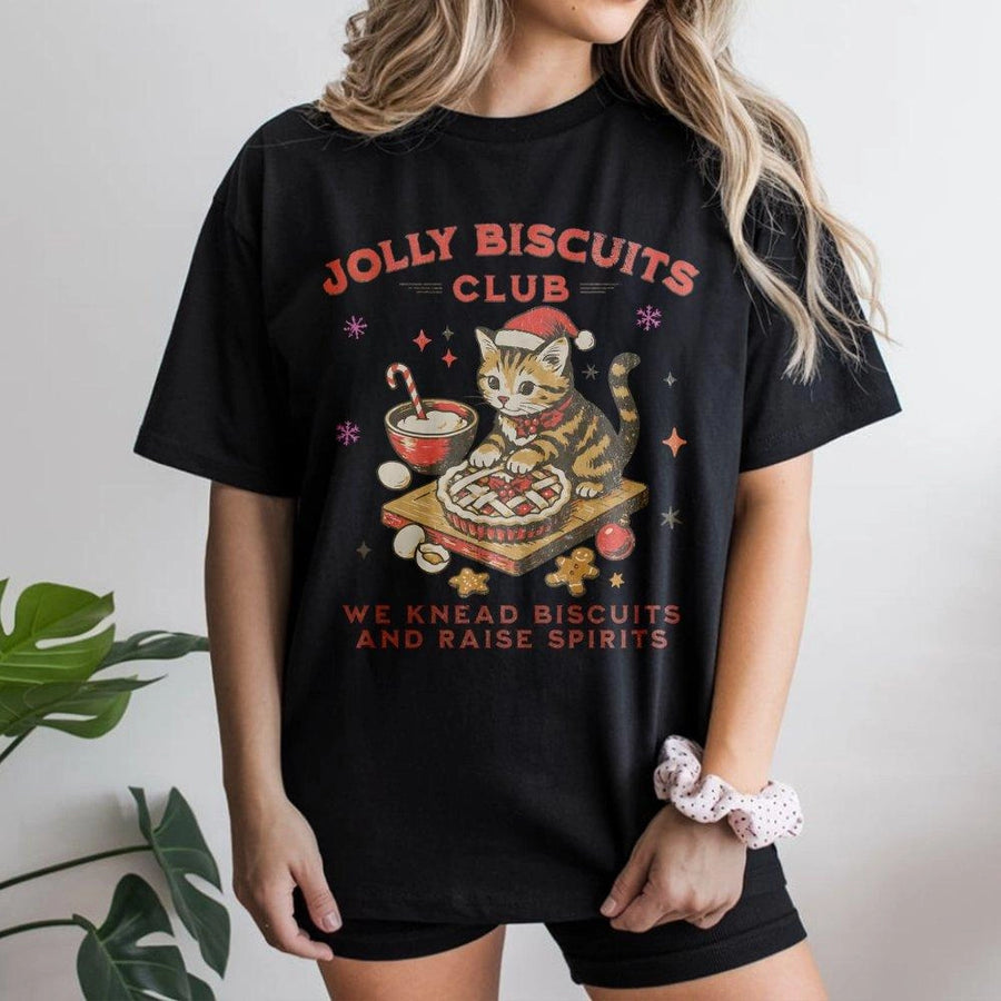 Christmas Cat Baking T-Shirt | Jolly Biscuits Club Vintage Graphic | Premium Soft Cotton Tee | Cute Holiday Gift for Cat Lovers and Bakers