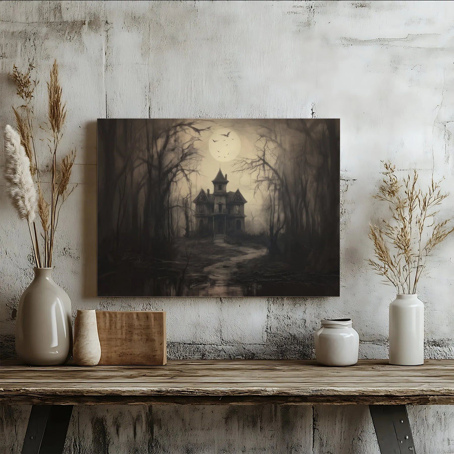 Haunted House Wall Art | Gothic Spooky Forest Full Moon Print | Premium Gallery Wrapped Canvas | Dark Academia Home Decor Gift