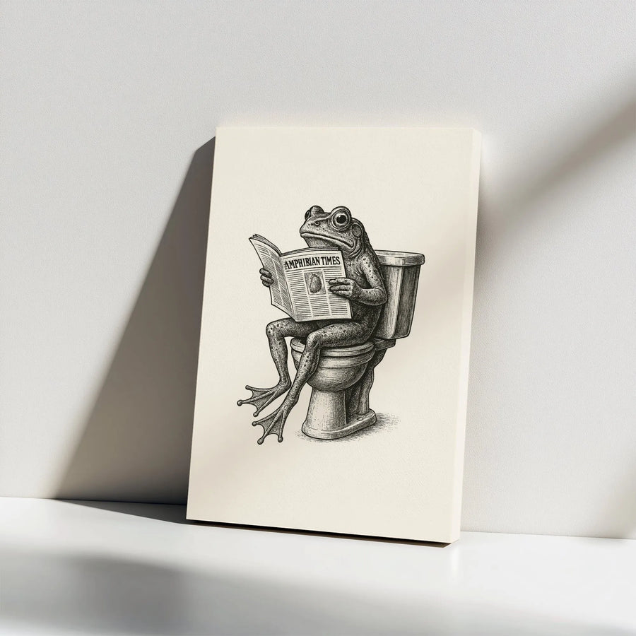 Frog on Toilet Canvas Print | Amphibian Reading Newspaper Illustration | Premium Gallery Canvas | Funny Bathroom Wall Decor Gift