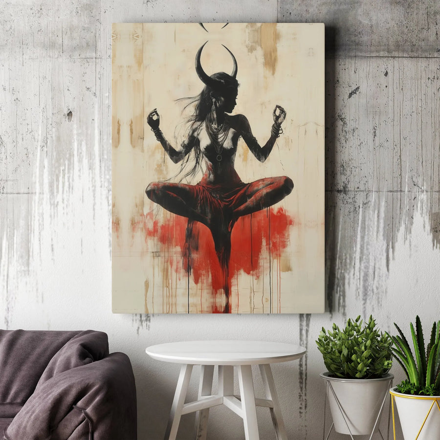 Horned Goddess Canvas Art | Abstract Meditating Demoness Silhouette | Premium Thick Gallery Wrap Canvas | Gothic Home Decor Gift