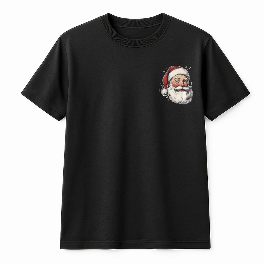 Santa Claus Graphic T-Shirt | Minimalist Pocket Print Design | Premium 100% Cotton | Festive Christmas Holiday Gift for Men and Women