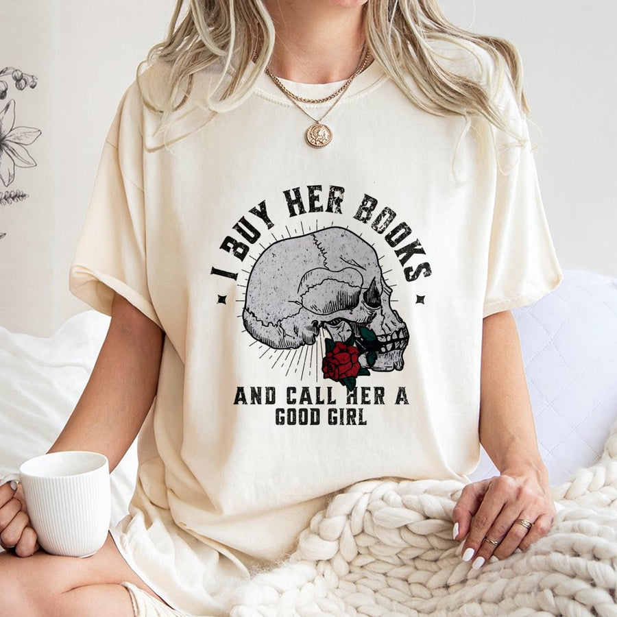 I Buy Her Books T-Shirt | Dark Romance Skull & Rose Graphic | 100% Cotton Premium Tee | Book Lover Gift for Reader