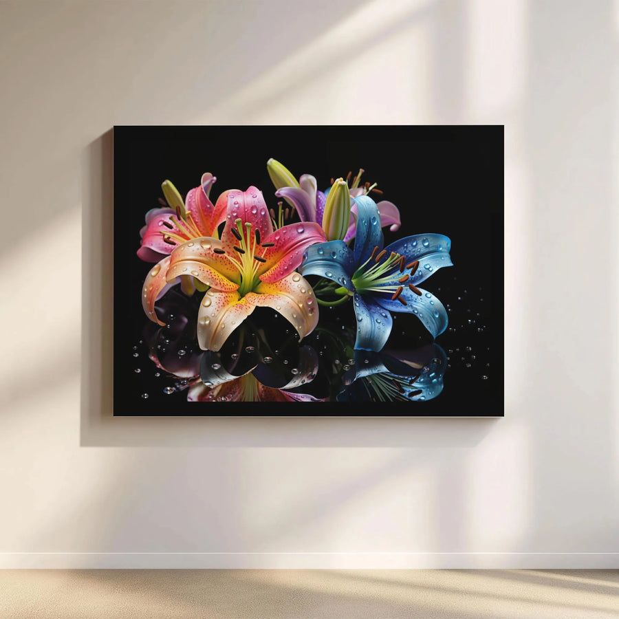 Colorful Lily Flower Canvas Print | Macro Floral Art With Water Droplets | Gallery-Wrapped Premium Decor | Modern Living Room Wall Art