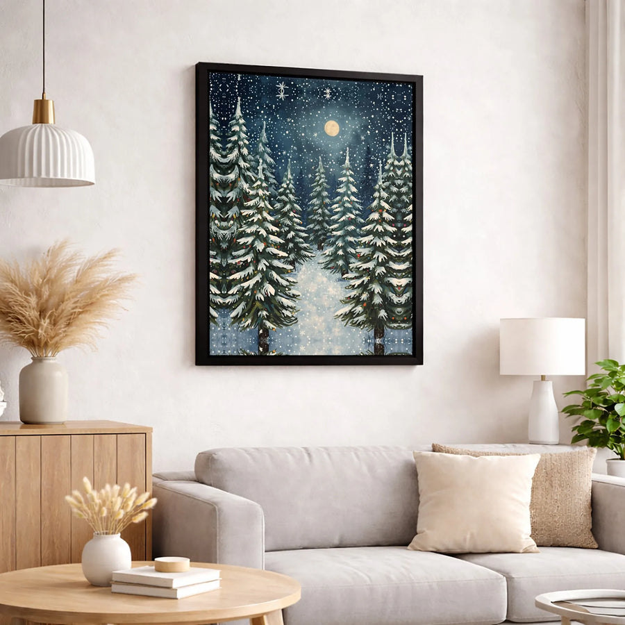 Winter Forest Canvas Wall Art | Snowy Pine Trees Night Landscape | Premium 1.25" Gallery Wrap | Festive Holiday Home Decor Gift