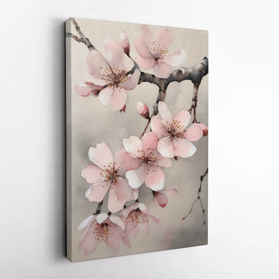 Cherry Blossom Vertical Canvas Print | Watercolor Sakura Branch Art | Premium Gallery Wrapped Canvas | Zen Home Decor Gift for Living Room