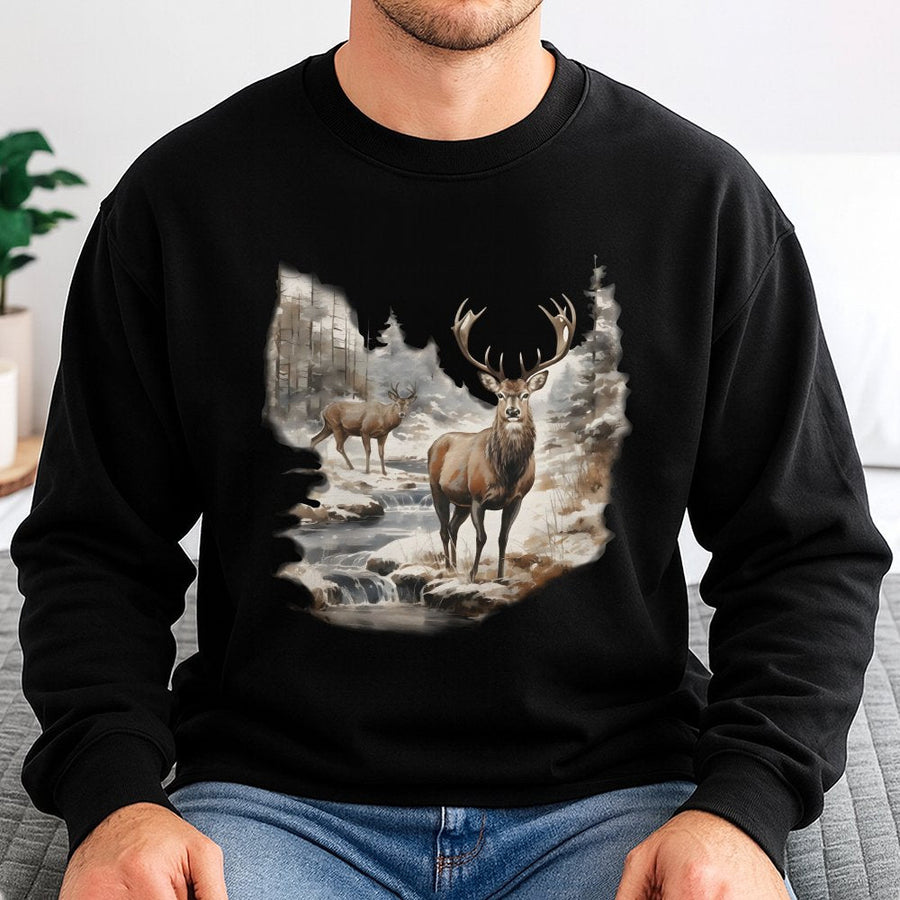 Deer Wilderness Sweatshirt | Watercolor Wildlife Forest Print | Premium Cotton Blend Crewneck | Nature Lover Gift For Outdoorsmen And Women