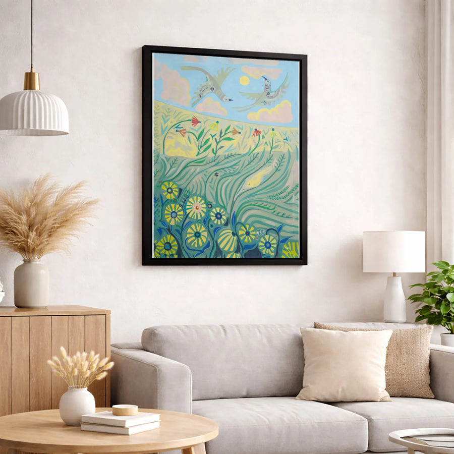 Folk Art Bird Canvas Print | Wildflower Meadow Landscape Art | Premium 1.25" Gallery Wrapped Canvas | Nature Wall Decor Gift for Home Office