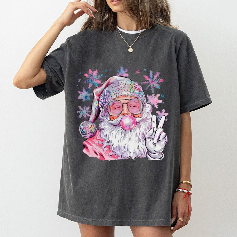 Retro Disco Santa T-Shirt | Bubble Gum Peace Sign Christmas Graphic | 100% Cotton Premium Tee | Trendy Holiday Gift for Women and Teens