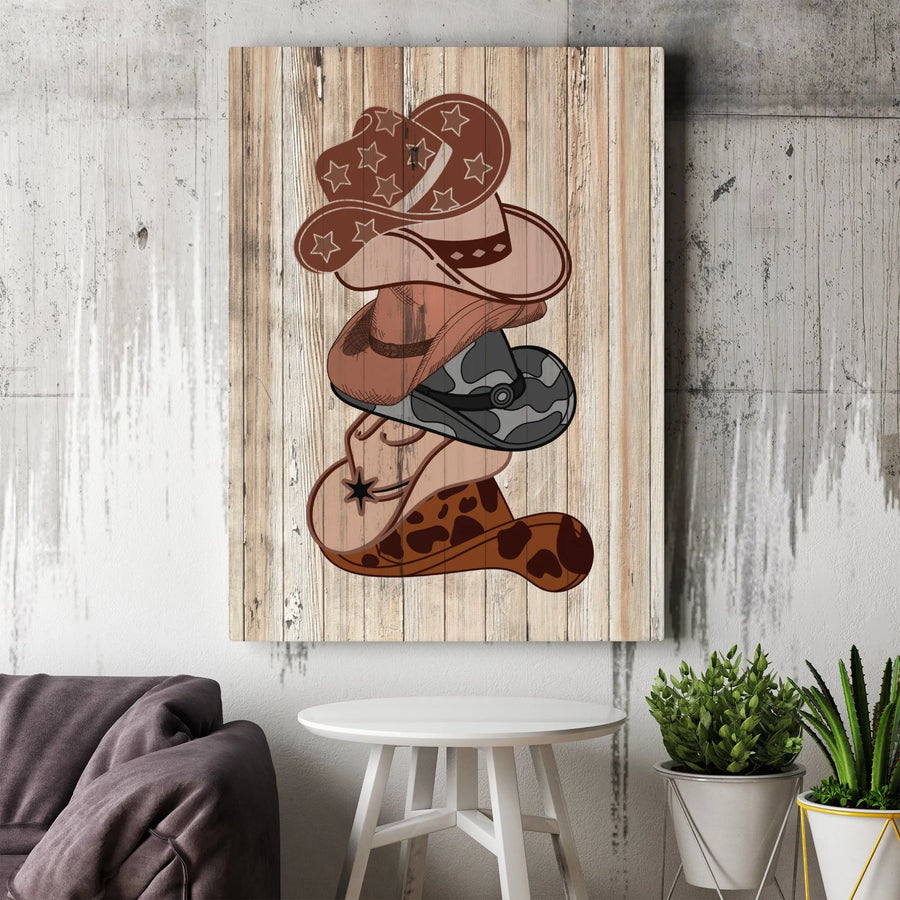Western Cowboy Hat Stack Canvas Art | Rustic Wood Grain Wall Decor | Premium Fade-Resistant Print | Country Aesthetic Gift for Cowgirls