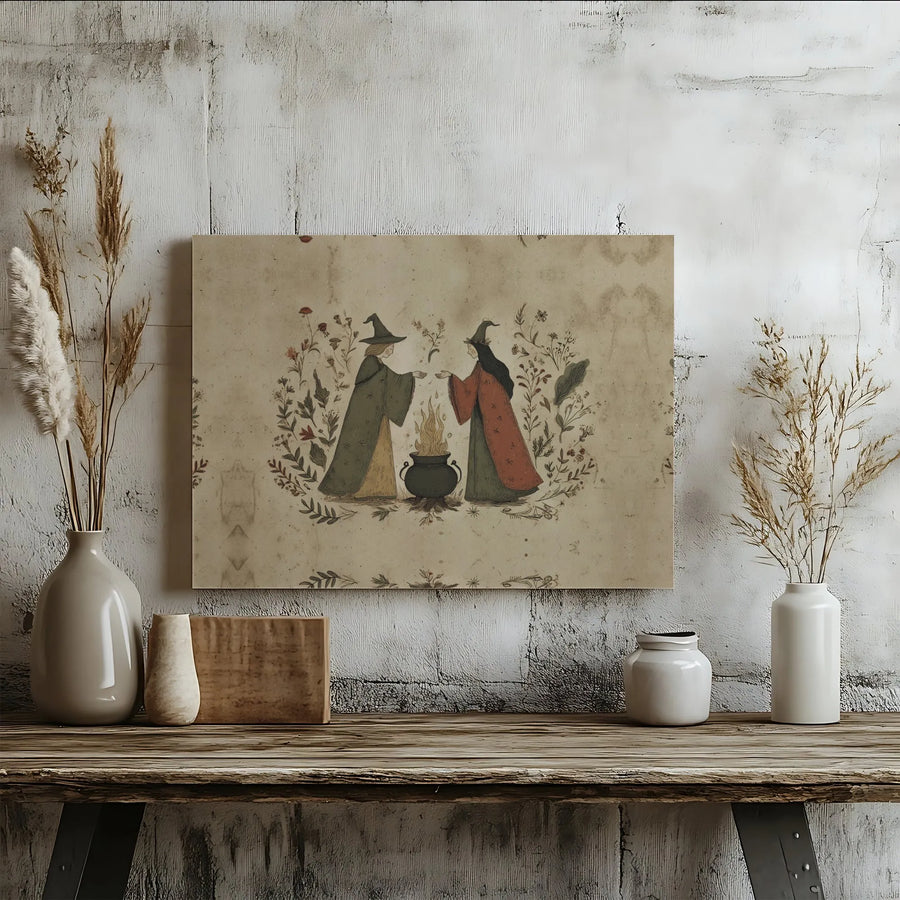 Vintage Witch Coven Canvas Print | Botanical Witches & Cauldron Illustration | Premium Gallery Wrap | Cottagecore Home Decor Gift