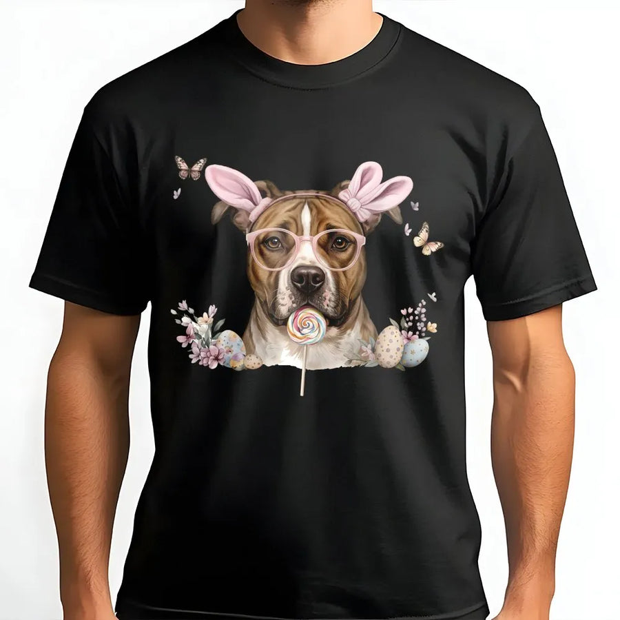 Pitbull Easter T-Shirt | Cute Dog with Bunny Ears and Lollipop Graphic | Premium Soft Cotton | Spring Holiday Gift for Dog Lovers