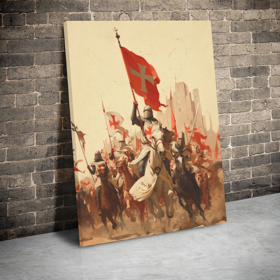 Knights Templar Battle Canvas Print | Epic Medieval Crusader Horseback Wall Art | Premium Gallery Wrapped Decor | Gift for History Lovers