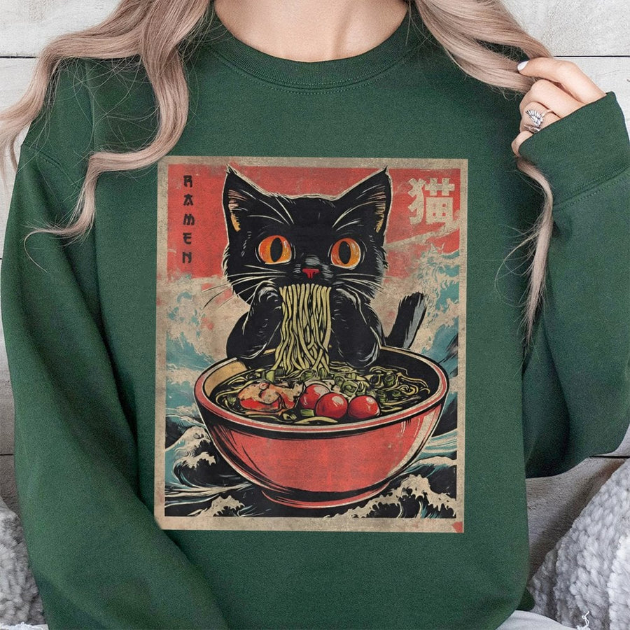 Cat Ramen Sweatshirt | Japanese Anime Aesthetic Art | Soft Cotton Blend Crewneck | Kawaii Foodie Gift For Anime Lovers