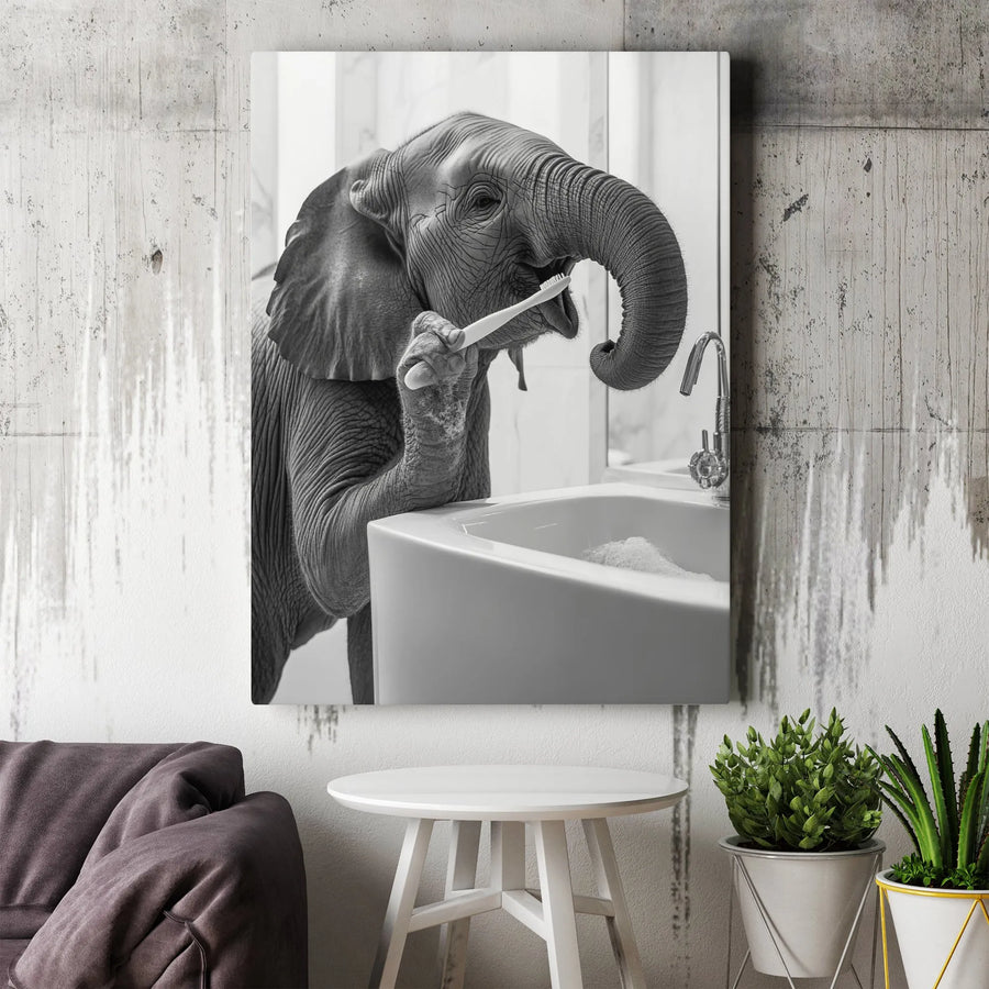 Baby Elephant Brushing Teeth Canvas | Funny Bathroom Wall Art | Premium 1.25 Inch Gallery Wrap | Whimsical Animal Decor Gift for Home