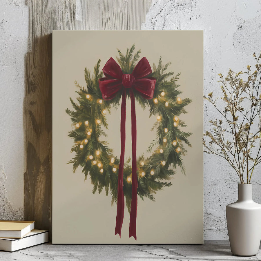Christmas Wreath Canvas Wall Art | Glowing Fairy Lights & Red Bow Print | Premium Gallery Wrap Decor | Holiday Festive Home Gift