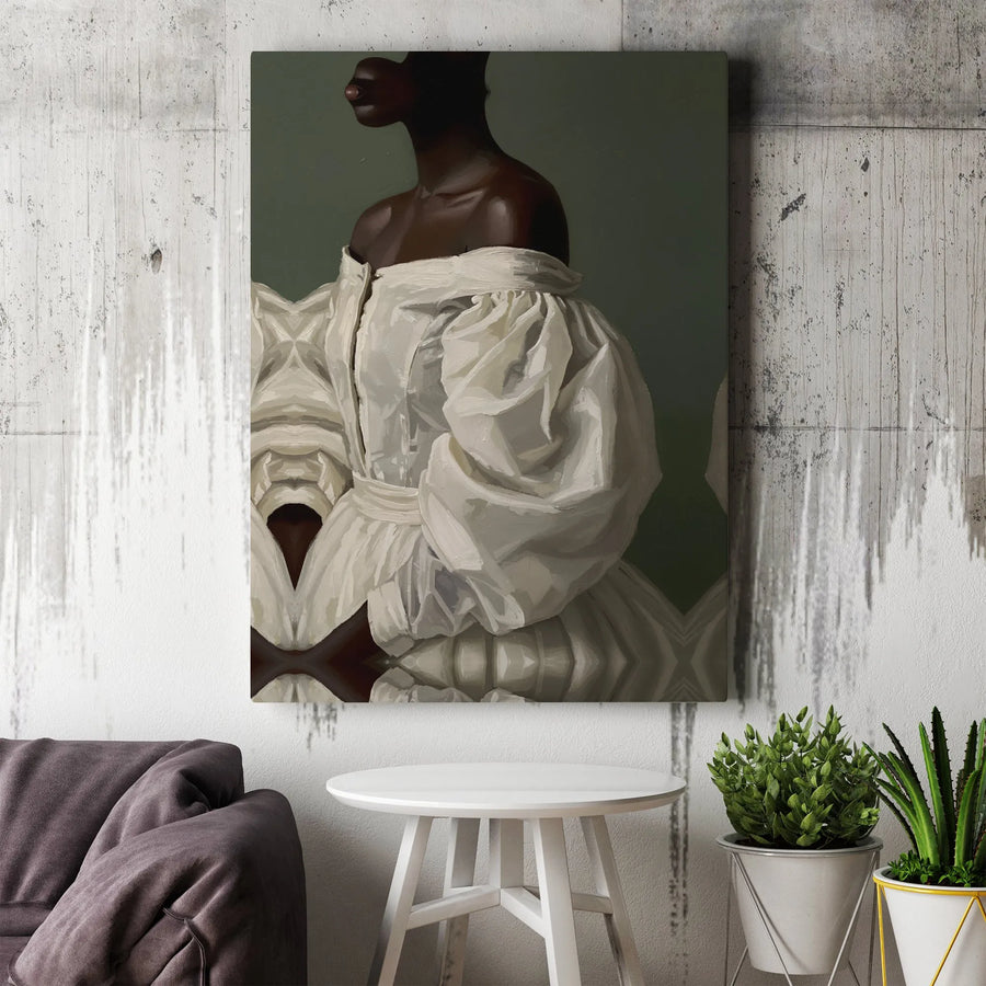 Black Woman Portrait Wall Art | Elegant White Gown Oil Painting Style | Premium Gallery Wrap Canvas | Sophisticated Home Decor Gift