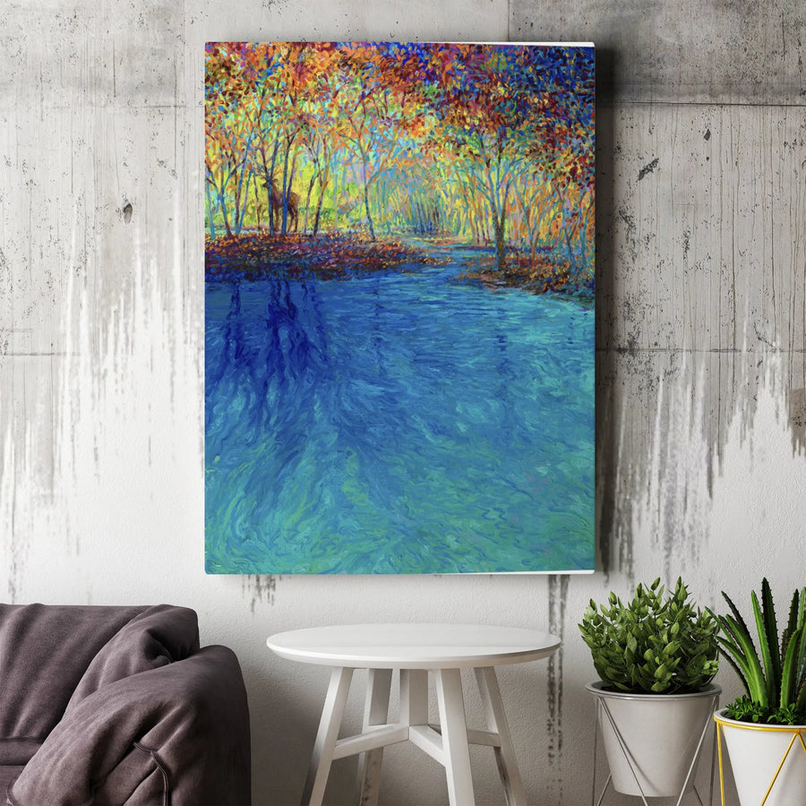 Vibrant Autumn Forest Canvas | Impressionist River Landscape with Deer | Premium 1.25" Thick Gallery Wrap | Collector's Gift for Living Room Decor