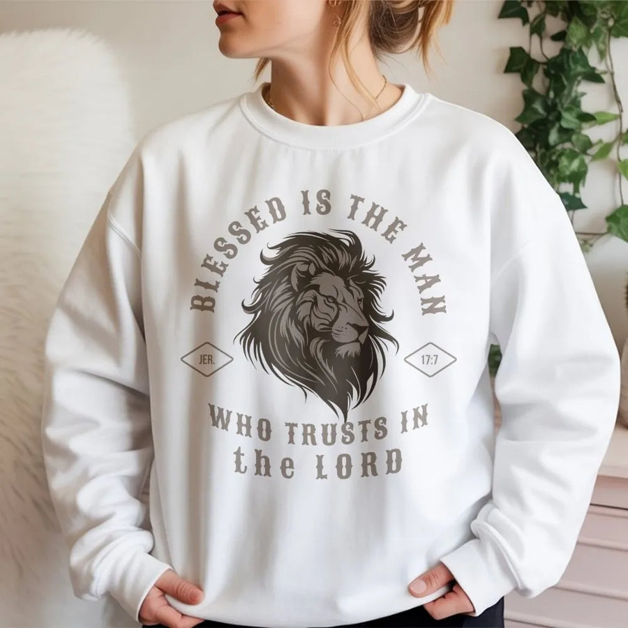 Blessed Is The Man Scripture Sweatshirt | Lion Of Judah Religious Graphic | Premium Cotton Blend Unisex Crewneck | Faith Based Gift For Men