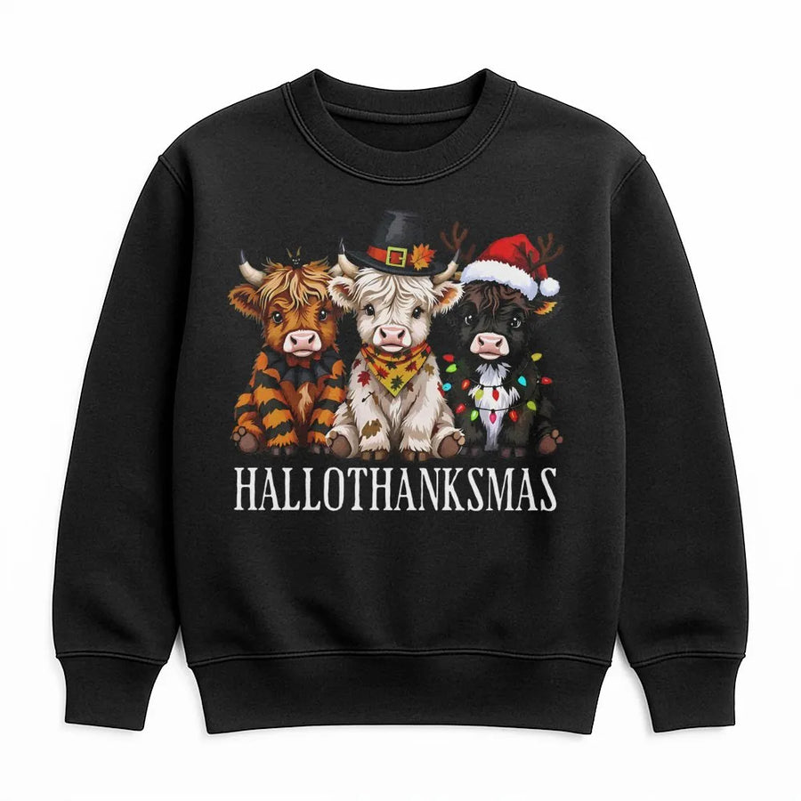 Highland Cow Christmas Sweatshirt | Cute Hallothanksmas Holiday Graphic | Premium Cotton Blend Crewneck | Unisex Funny Fall Winter Gift