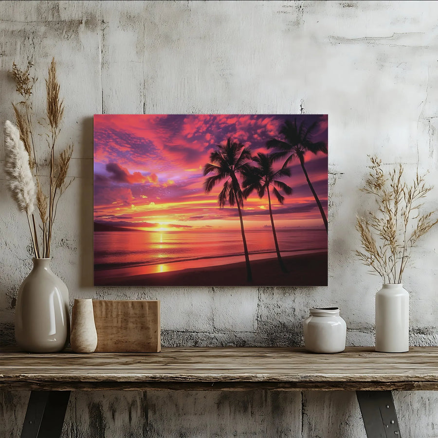 Tropical Sunset Canvas Wall Art | Vibrant Palm Tree Ocean Scenery | Gallery Quality Thick Canvas | Coastal Home Decor Gift
