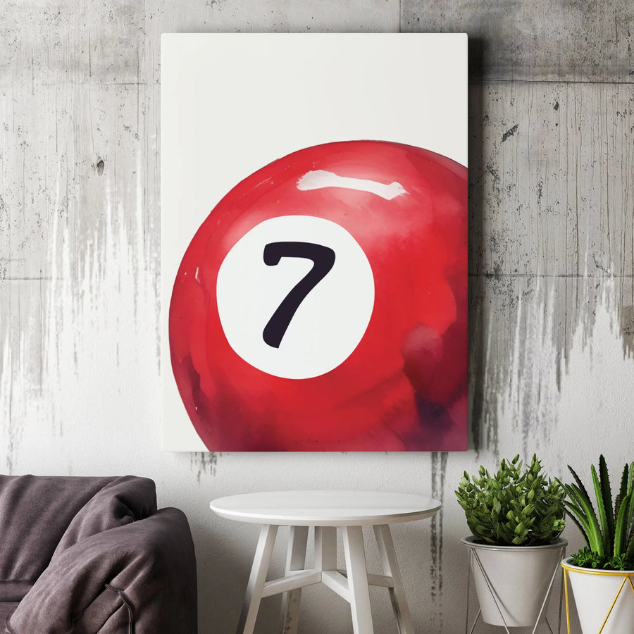 Billiard Ball Number 7 Canvas Art | Red Pool Ball Watercolor Print | Gallery Wrapped Premium Wall Decor | Game Room Sports Gift for Him