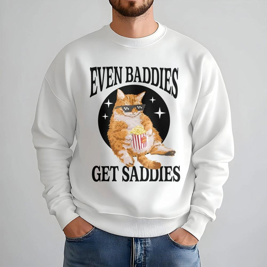 Even Baddies Get Saddies Sweatshirt | Funny Cat Eating Popcorn Graphic | Premium Cotton Blend Crewneck | Cute Animal Lover Gift For Her