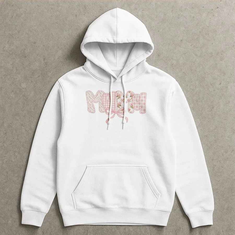 Mama Hoodie | Pink Floral & Gingham Quilt Style Letters | Cozy Crewneck Pullover | Premium Mother's Day Gift for New Mom