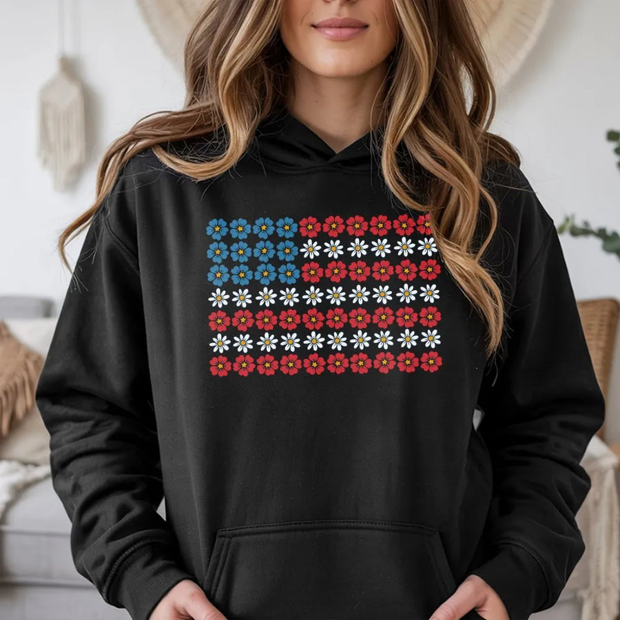 Floral American Flag Hoodie | Dainty Flower USA Flag Graphic | Soft Cotton Tee | Patriotic 4th of July Gift for Women