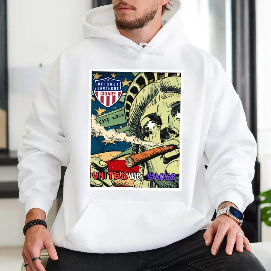 Lady Liberty Smoking Cigar Hoodie | United We Smoke Graphic Art | Premium Cotton-Blend Pullover | Gift for Cigar Lover