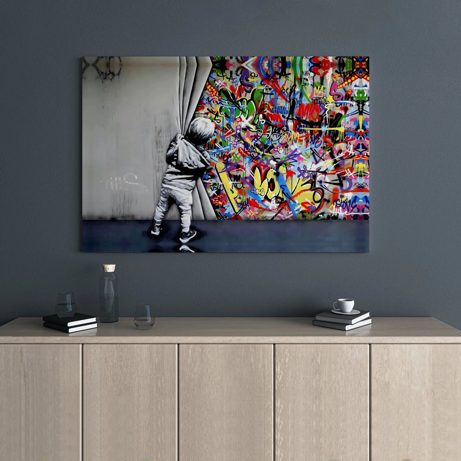 Graffiti Street Art Canvas Print | Boy Peeking Behind Curtain Abstract | Premium Gallery Wrap Wall Decor | Modern Urban Home Office Gift