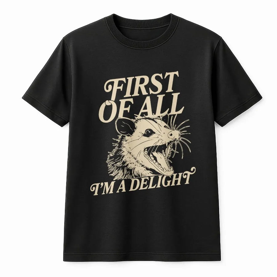 Sarcastic Opossum T-Shirt | Vintage 'I'm a Delight' Funny Graphic | Soft Cotton Unisex Tee | Humorous Gift for Possum Lovers