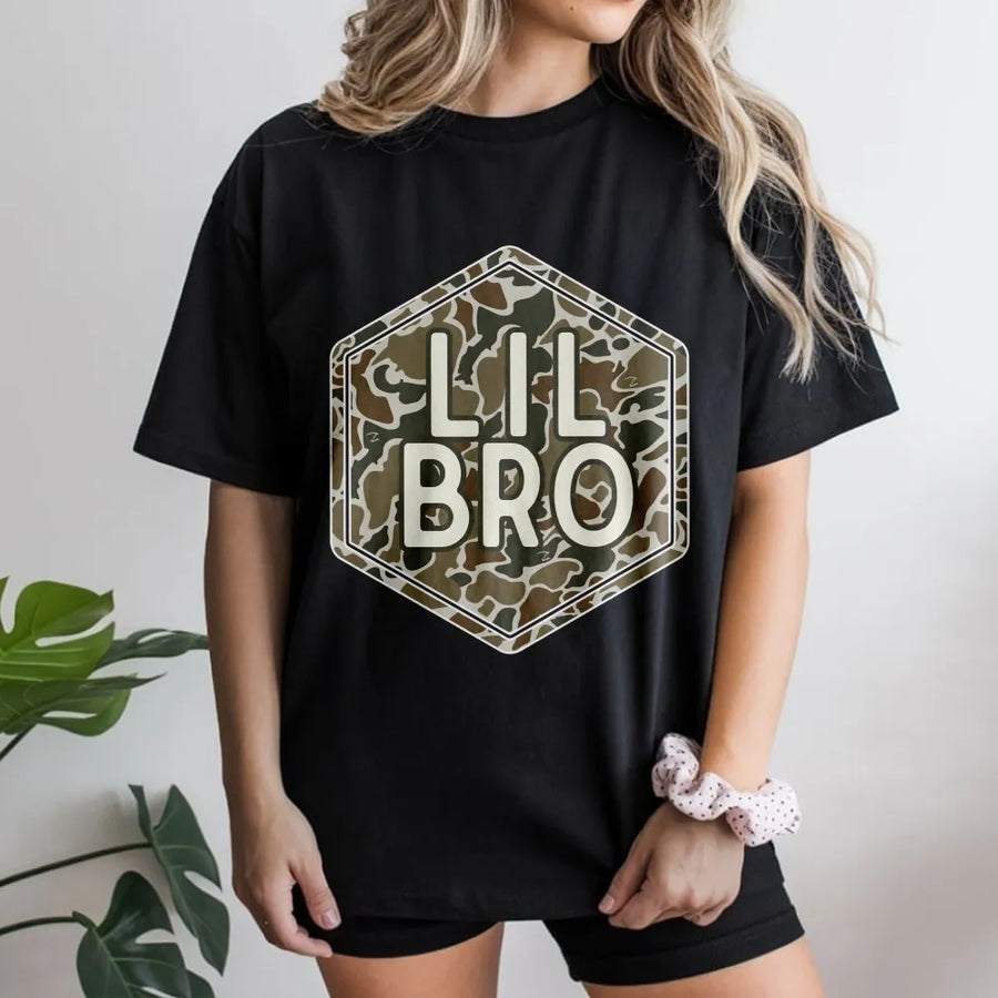 Lil Bro Camo T-Shirt | Hexagon Graphic Sweatshirt | Premium Cotton Blend | Matching Sibling Gift for Little Brother