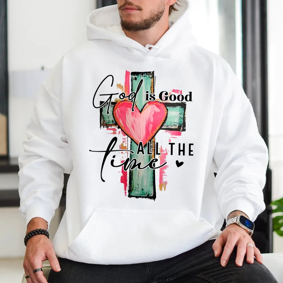 God Is Good All The Time Hoodie | Watercolor Cross and Heart Graphic | Premium Cotton Blend | Christian Gift for Women and Men