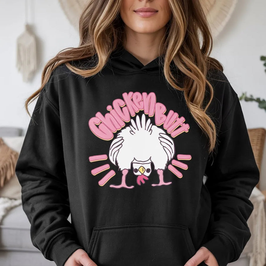 Funny Chicken Butt Hoodie | Retro Cartoon Chicken Joke Graphic | Premium Cotton Blend Sweatshirt | Humorous Gag Gift for Men & Women