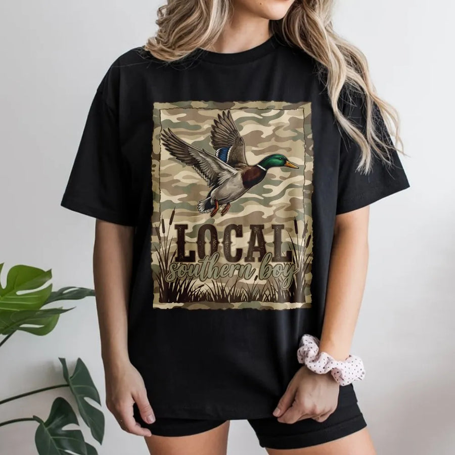 Duck Hunting T-Shirt | Local Southern Boy Camo Mallard Design | Soft Cotton Blend | Gift for Hunter, Outdoorsman Country Apparel